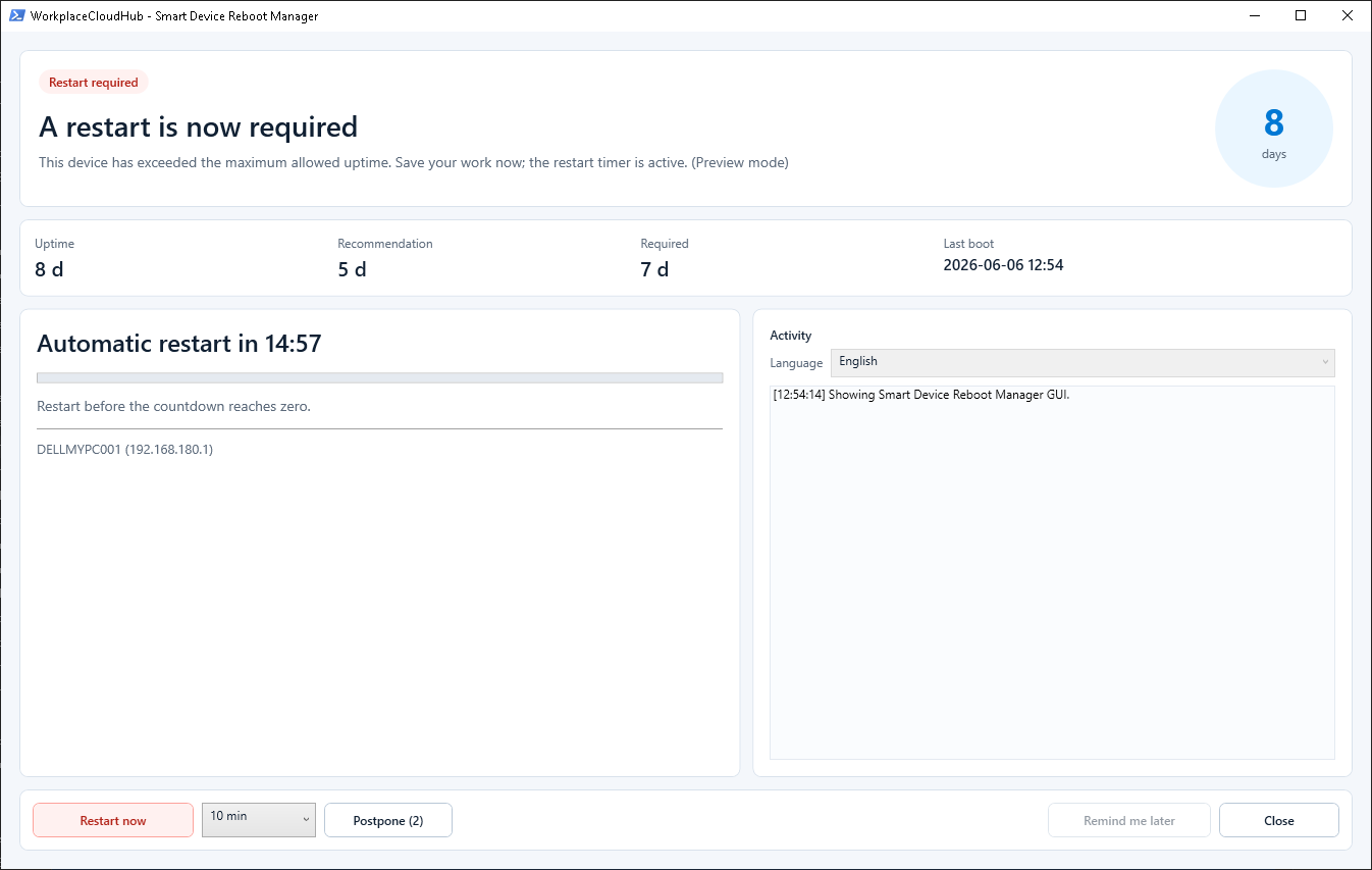 Smart Device Reboot Manager interface showing restart status, countdown, postpone controls, and activity panel.