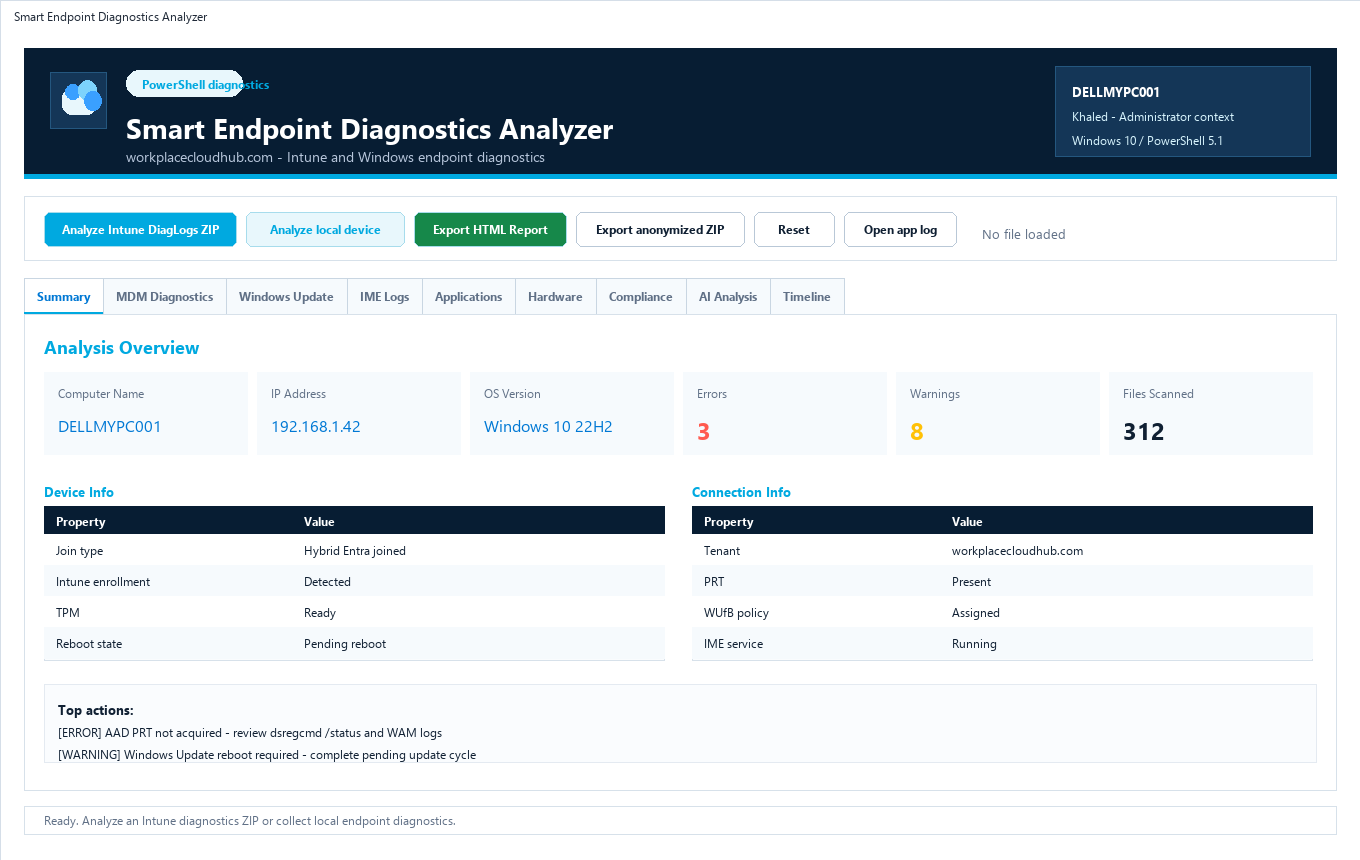Smart Endpoint Diagnostics Analyzer interface screenshot