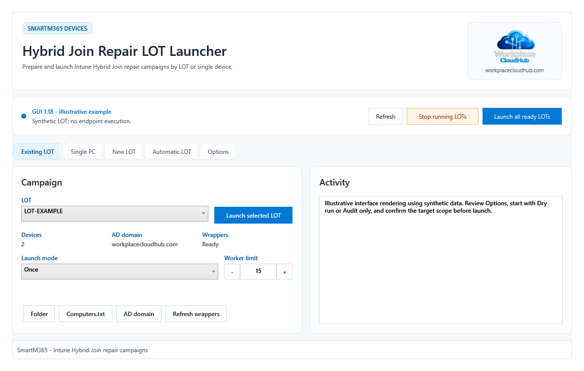 رسم توضيحي: الواجهة 1.18 معروضة من XAML الحالي ببيانات LOT-EXAMPLE اصطناعية؛ لا يُعرض تشغيل على جهاز فعلي.