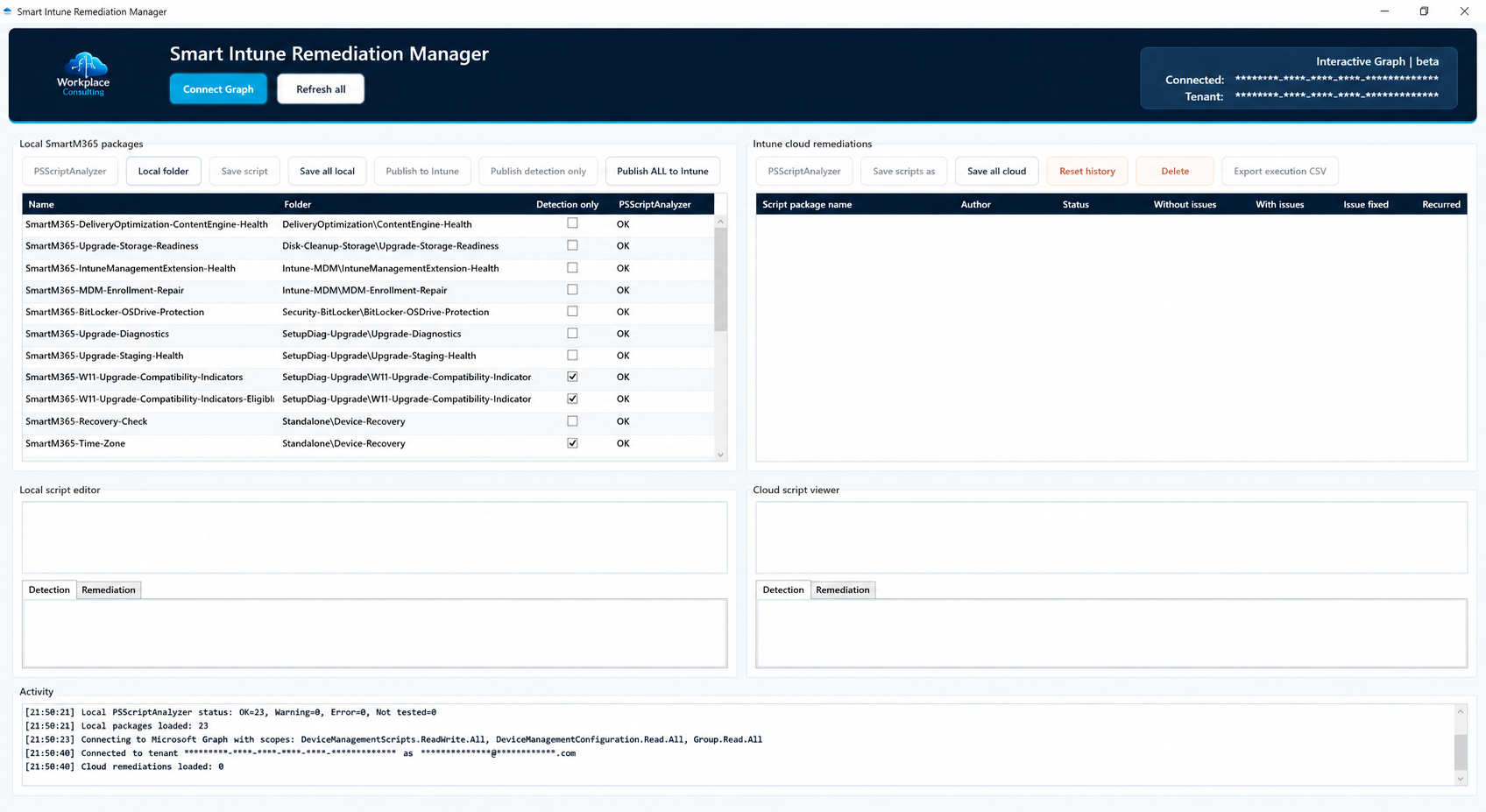 Smart Intune Remediation Manager interface showing local packages, cloud remediations, editors, and activity logs.